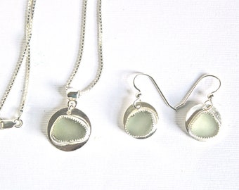 Light Green Sea Glass Jewelry Set: Sterling Silver Necklace and Earrings
