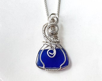 Cobalt blue sea glass necklace, sterling silver, sea glass jewelry for women, birthday gift for wife, wire wrapped , genuine sea glass
