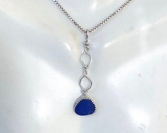 Genuine sea glass necklace, cobalt blue sea glass, sterling silver, sea glass jewelry for women, gift for girlfriend