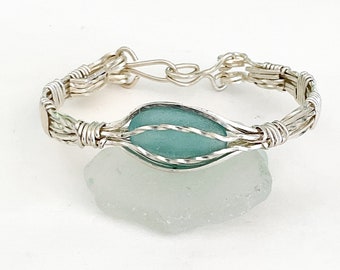 Soft aqua sea glass bracelet, sterling silver cuff, sea glass jewelry for women, gift for a wife, wire wrapped bracelet