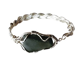 Rare charcoal gray sea glass bracelet, sterling silver cuff, sea glass jewelry for women, birthday gift for a girlfriend, wire wrapped