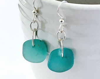 Sea glass earrings, rare teal sea glass, sterling silver, sea glass jewelry for women, gift for wife