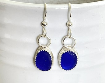 Cobalt blue dangle sea glass earrings with sterling silver ear wires, sea glass jewelry for women, gift for her, birthday gift