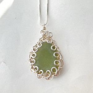 Green sea glass necklace, sea glass jewelry for women, sterling silver and wire wrapped, Christmas gift for a wife