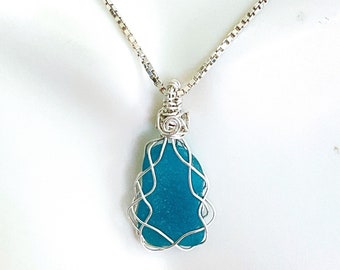 Soft turquoise sea glass necklace, sterling silver, sea glass jewelry for women, wire wrapped necklace, gift for her