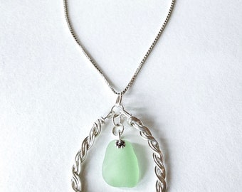 Bold sea foam green sea glass necklace, sterling silver, sea glass jewelry for women, wire wrapped, sea glass, gift for her