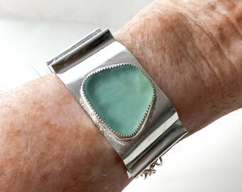 Aqua Sea Glass Bracelet: Fine Silver Cuff, Adjustable Boho Jewelry