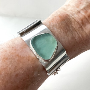 Aqua sea glass bracelet - sea glass jewelry for women - fine silver cuff - adjustable bracelet - birthday gift for a wife - boho bracelet