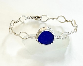 Sea glass bracelet, cobalt blue sea glass, sterling silver cuff, sea glass jewelry for women, valentine gift, gift for girlfriend