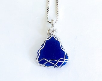 Cobalt blue sea glass necklace, sterling silver, wire wrapped, sea glass jewelry for women,  valentine gift, gift for her