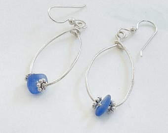 Sea glass earrings, blue sea glass, sterling silver hoops, sea glass jewelry for women, gift for girlfriend