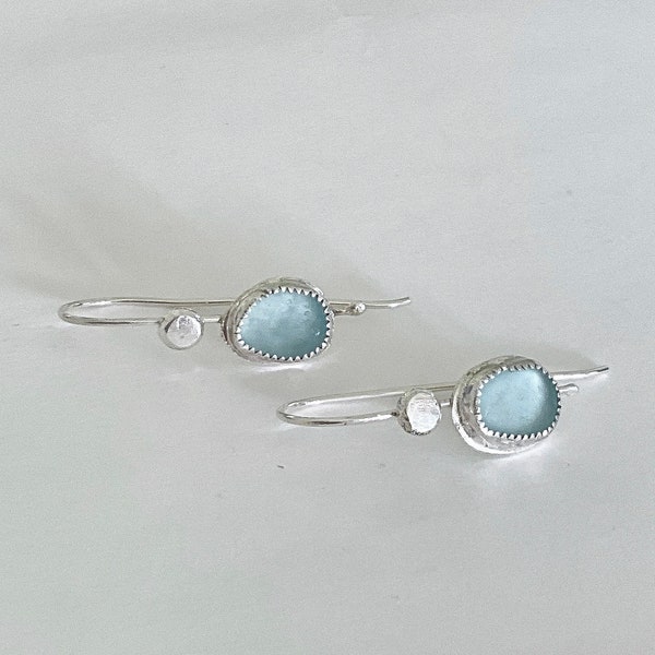 Sea glass earrings sterling silver, aqua sea glass, sterling silver disc, sea glass jewelry for women, gift for a beach lover