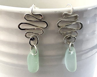 Sea foam green sea glass earrings, sea glass jewelry for women, sterling silver earrings, gift for mom, boho earrings