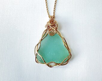 Aqua sea glass necklace, gold necklace, sea glass jewelry for women, gift for wife, wire wrapped necklace