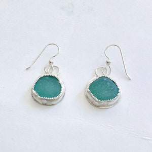 Sea glass earrings dangle, teal sea glass, sterling silver, gift for mom, sea glass jewelry for women, simple earrings