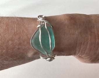 Large aqua sea glass bracelet, sterling silver cuff, sea glass jewelry for women, adjustable bracelet, gift for her