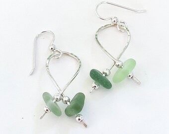 Sea glass earrings, light and deep green sea glass, sterling silver, sea glass jewelry for women, valentine gift, gifts for girlfriend