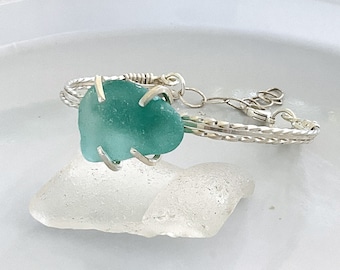 Aqua Sea Glass Bracelet: Sterling Silver Cuff, Adjustable Beach Jewelry