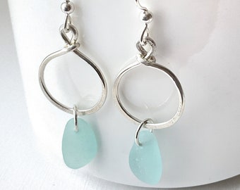 Light aqua sea glass hoop earrings, sterling silver earrings, dangle earrings, sea glass jewelry for women, birthday gift for girlfriend