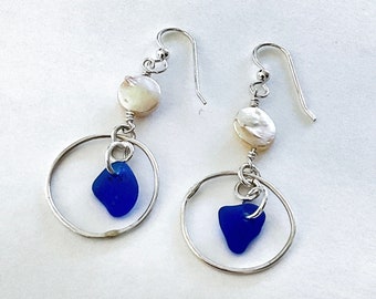 Sea glass earrings, hoop earrings, sterling silver, fresh water pearls, sea glass jewelry for women, gift for her,