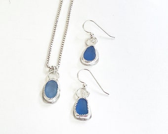 Light Blue Sea Glass Jewelry Set: Sterling Silver Necklace and Earrings