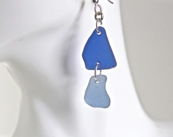 Ligt blue and dark blue sea glass earrings sterling silver - handmade sea glass jewelry for women - gift for beach lover
