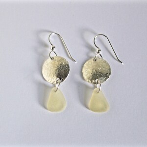 Sea glass jewelry for women -  sea glass earrings sterling silver and handmade - cream in color-  fine silver disc - gift for mother