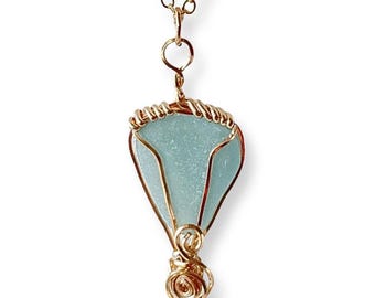 Gold Wire Wrapped Sea Glass Pendant Necklace - Aqua Jewelry