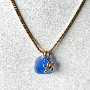 Sea glass necklace, blue sea glass and gold filled star fish pendant, sea glass jewelry for women, gift for wife, beach glass necklace