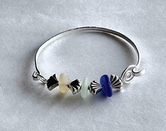 Sea glass bangle bracelet, blue, green and Yellow , beach jewelry, sterling silver