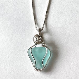 Aqua Sea Glass Necklace: Sterling Silver Wire Wrapped Jewelry