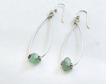 Green hoop sea glass earrings, sterling silver, sea glass jewelry for women, gift for her, simple earrings