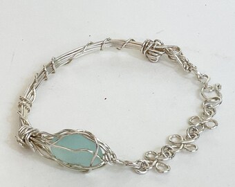 Aqua Sea Glass Bracelet: Sterling Silver Braided Cuff