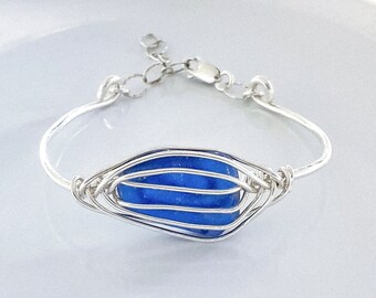 Blue sea glass bracelet sterling silver, adjustable bracelet, sea glass jewelry for women, gift for her, handmade item, boho bracelet