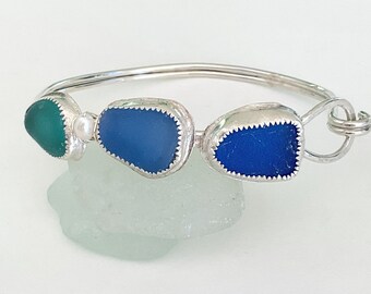 Rare sea glass bracelet, cobalt, cornflower and teal sea glass, sterling silver cuff, sea glass jewelry for women, gift for a girlfriend