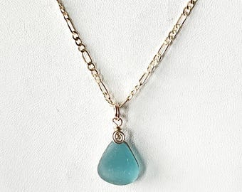 Aqua Sea Glass Pendant Necklace: Gold Filled Setting, 18” Chain