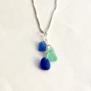 Light blue, dark blue and teal sea glass necklace - sterling silver and handmade - birthday gift for a wife - sea glass jewelry for women