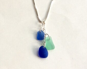 Light blue, dark blue and teal sea glass necklace - sterling silver and handmade - birthday gift for a wife - sea glass jewelry for women