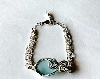 Aqua Sea Glass Bracelet: Sterling Silver Textured Chain, Beach Jewelry