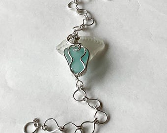 Aqua Sea Glass Bracelet: Handmade Sterling Silver Chain Jewelry