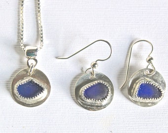 Blue sea glass necklace and earring set sterling silver and bezel set - sea glass jewelry for women - Christmas gift for girlfriend