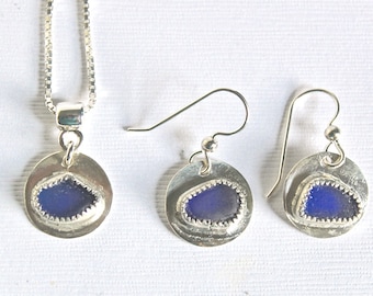 Blue Sea Glass Necklace and Earring Set: Sterling Silver Bezel Jewelry