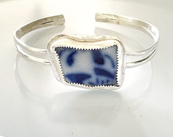 Sea pottery bracelet, sterling silver cuff, pottery jewelry, pottery shards from the sea, gift for her, handmade jewelry