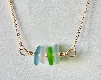 Gold Bar Sea Glass Necklace: Multi Color Beach Glass Jewelry