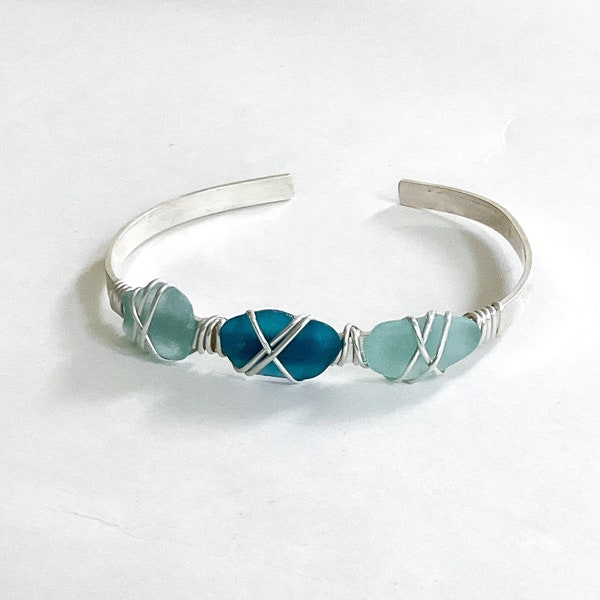 Sea glass bracelet, sterling silver cuff, aqua and blueish teal sea glass, sea glass jewelry for women, gift for her