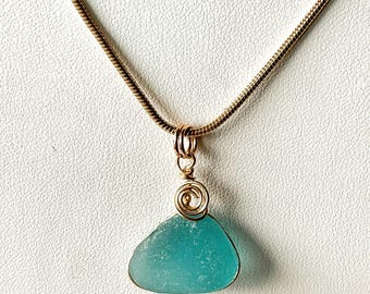 Teal Sea Glass Necklace: Gold Filled Jewelry, Beach Glass Pendant