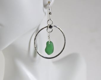 Green sea glass hoop earrings - sterling silver and handmade - sea glass jewelry for women and girls -  hammered earrings - gift for mother