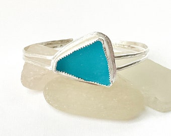 Rare soft turquoise sea glass bracelet, sterling silver cuff, sea glass jewelry for women, graduation gift, adjustable bracelet