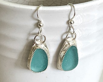Light teal sea glass earrings, sterling silver, sea glass jewelry for women, gift for her, bezel earrings, minimalist earrings