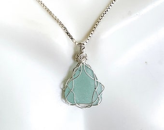Light green sea glass necklace, sterling silver, wire wrapped, sea glass jewelry for women, valentine gift, gift for her